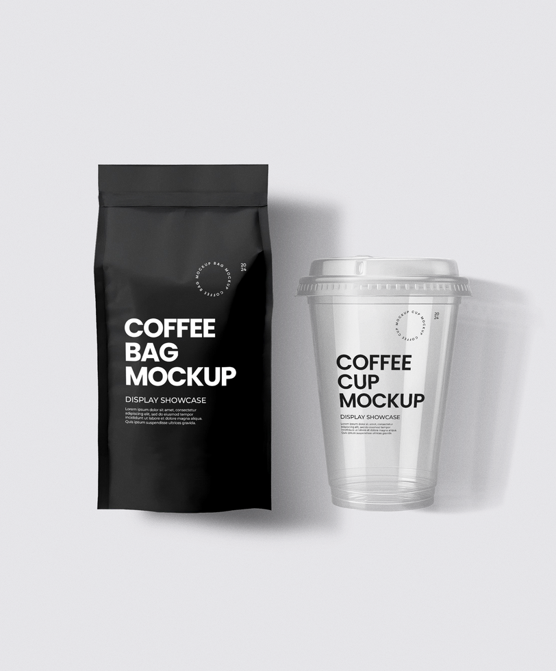 Coffee bag and coffee cup on plain background psd