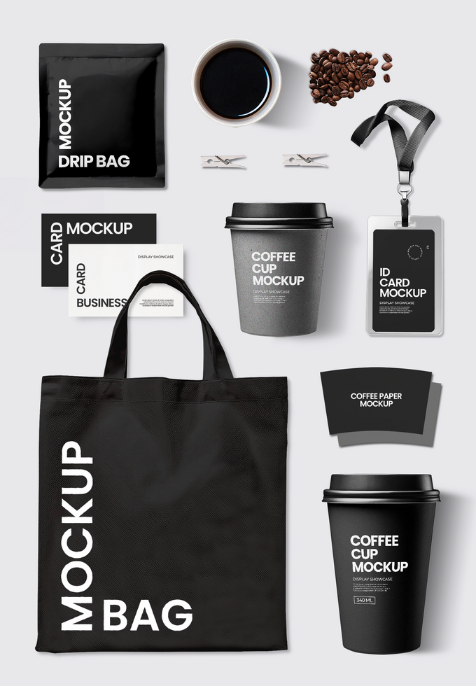 Coffee mockup on plain background coffee cup, id card holder, coffee beans, business card, sachets mockup, clamps psd