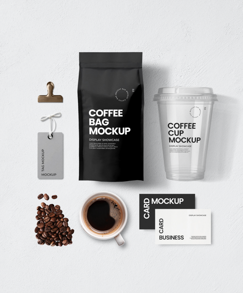 Coffee stationery clamps, coffee packaging, tag, coffee beans, coffee cup on white background psd