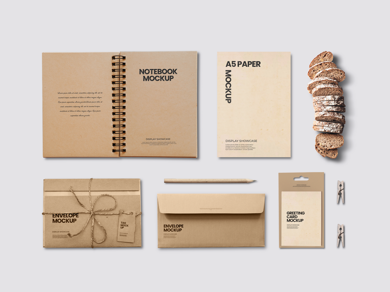 Corporate stationery set mockup paper, notebook, envelope, greeting card, bread and clamp psd