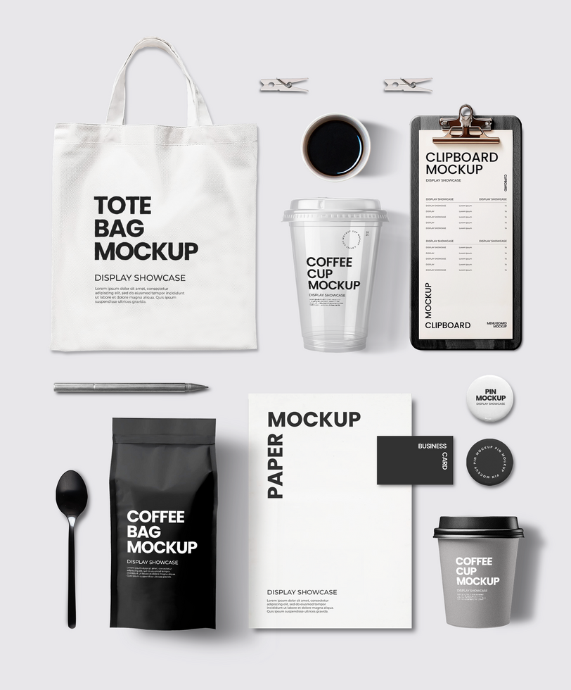 Coffee stationery paper, spoon packaging, clip board mockup psd