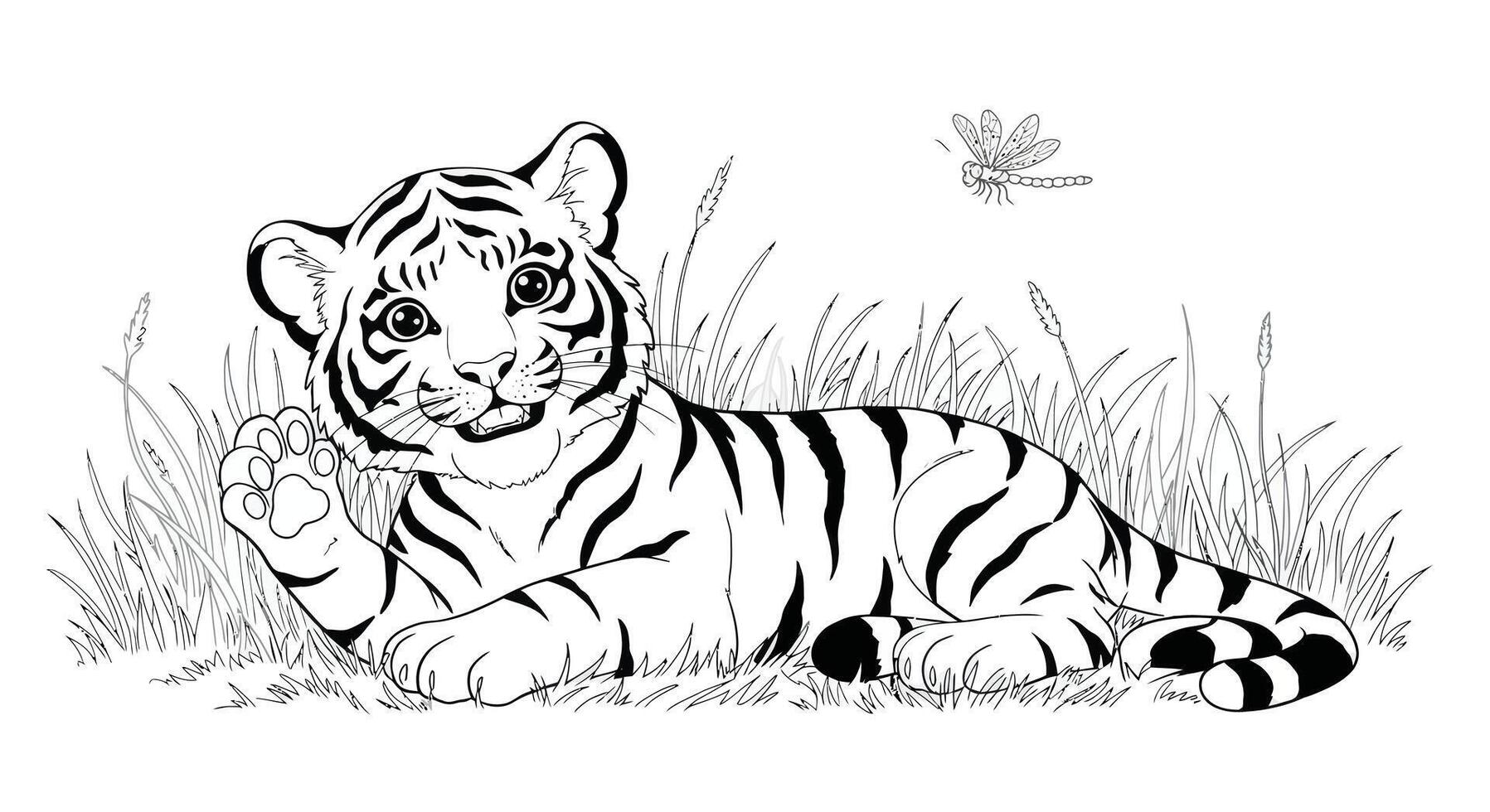 A coloring page with a tiger laying in the grass vector