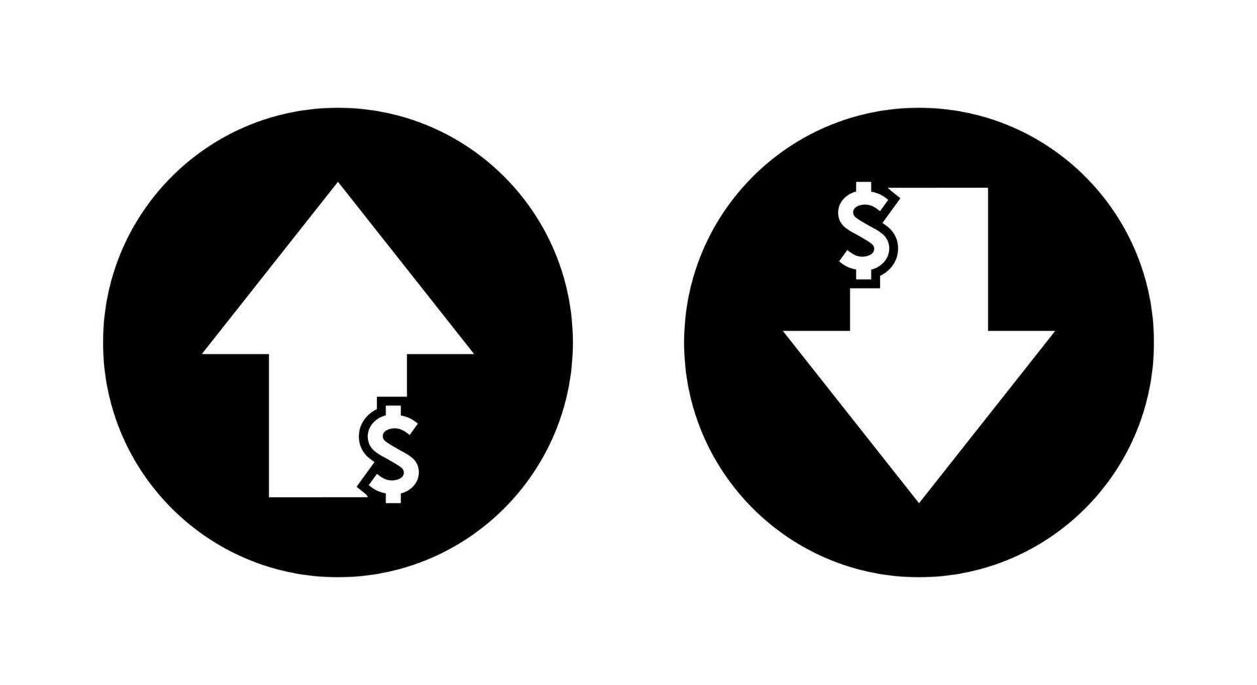 Dollar arrow growth and decline icon on black circle. USD up and down sign symbol vector