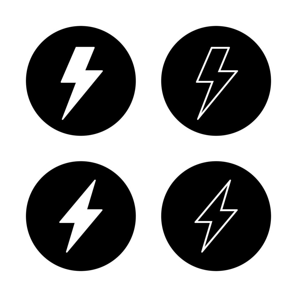 Lightning, electric icon set on black circle. Thunder bolt, power, energy sign symbol vector