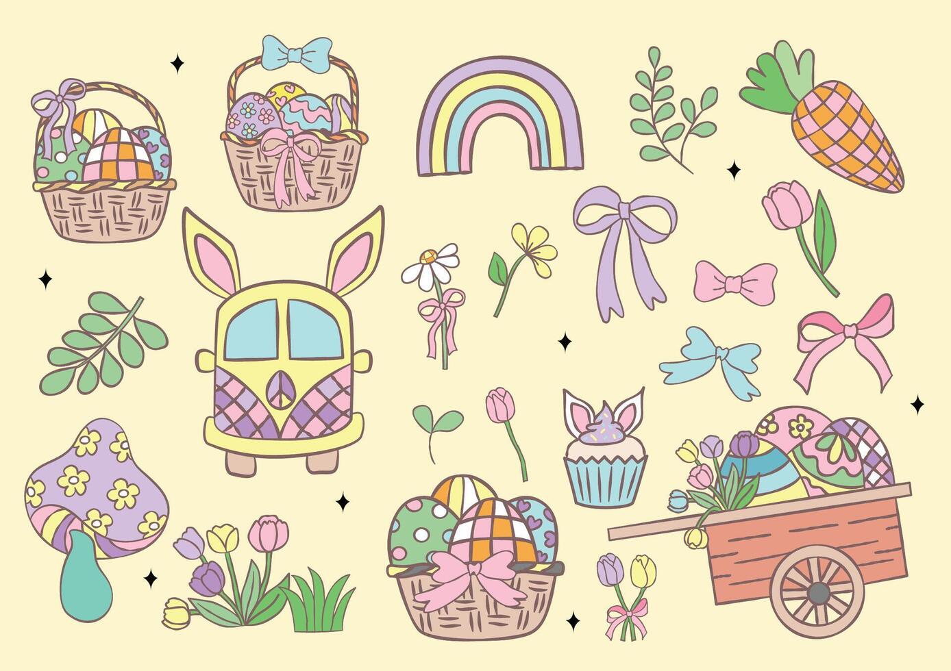 Cute Groovy Easter collection, hand drawing set. vector