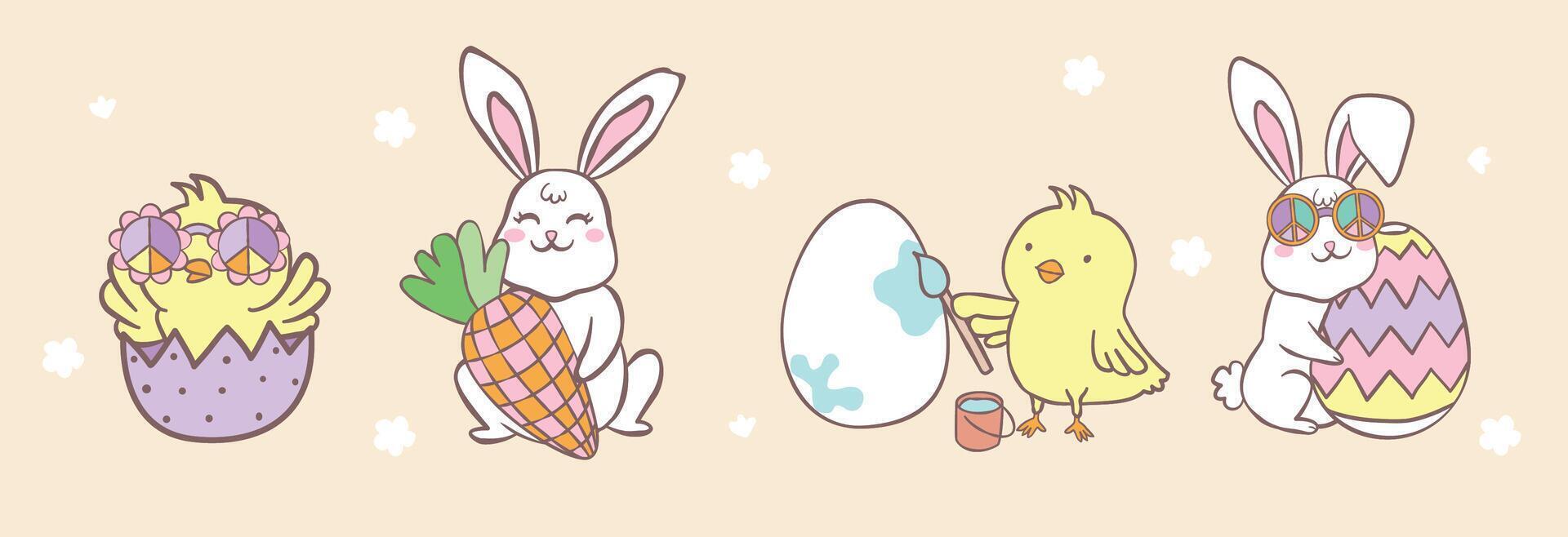 Draw illustration character design banner cute chicks Bunny for easter and spring Doodle cartoon style vector