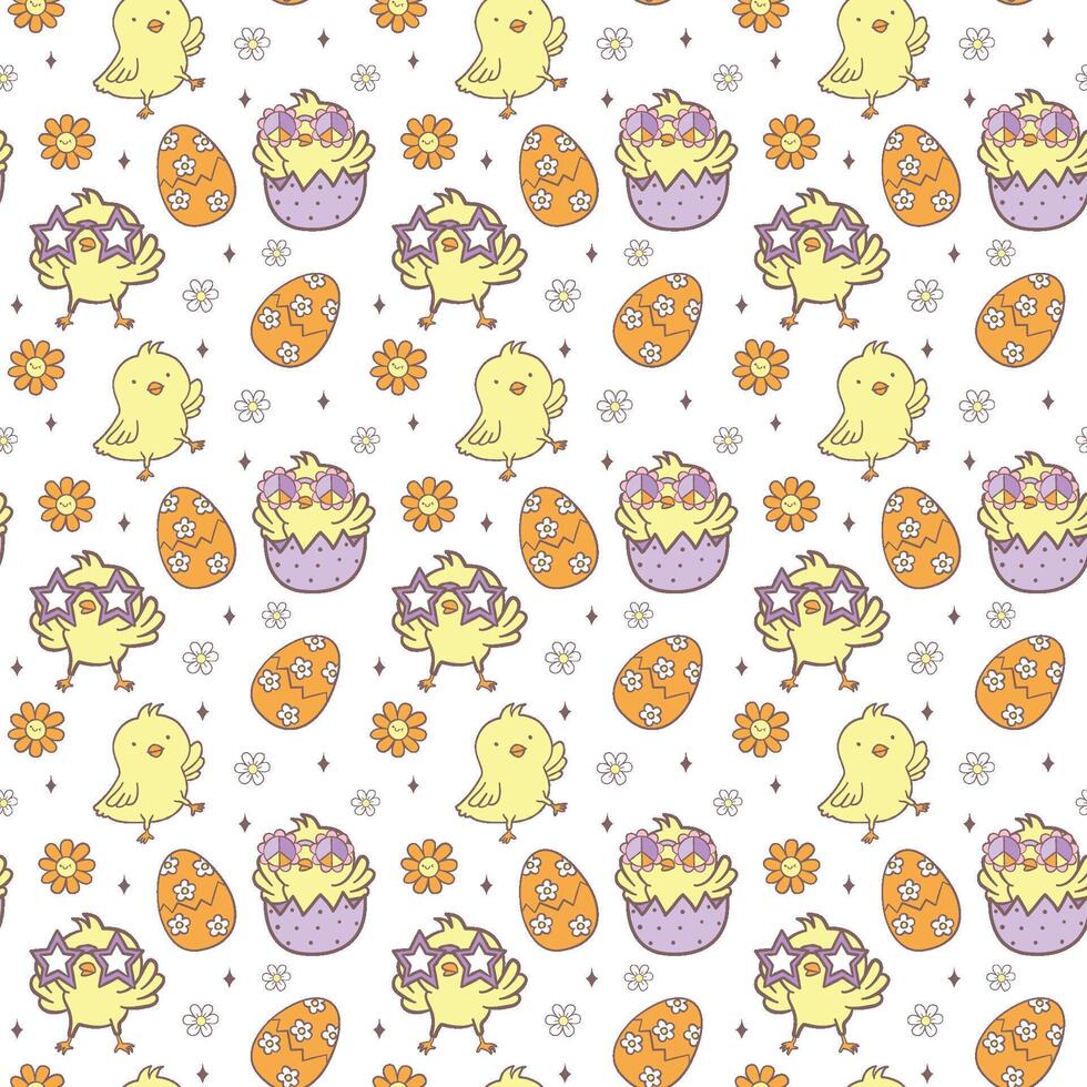 Easter Pattern Seamless retro Chick collection in Playful animal doodle drawing isolated on white background. vector