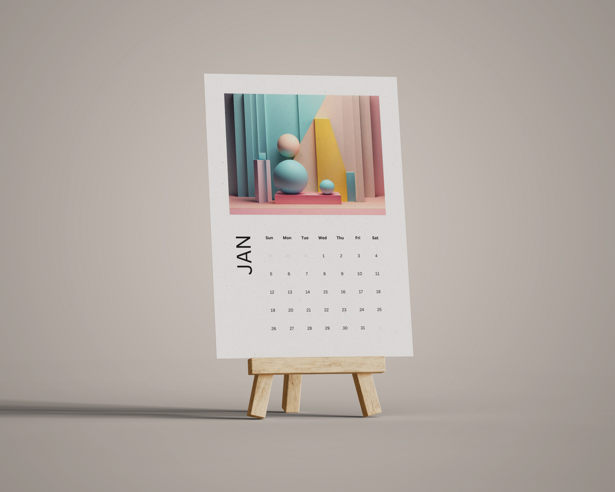 A desk calendar mockup using a mini easel with a transparent background psd
