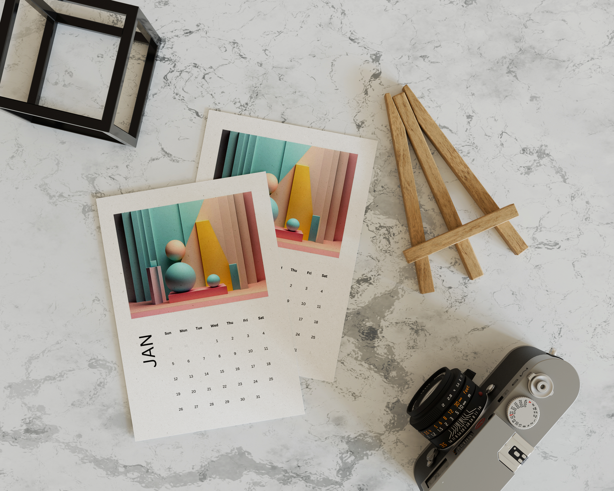 Desk calendar mockup with a mini easel on marble table looks top view psd