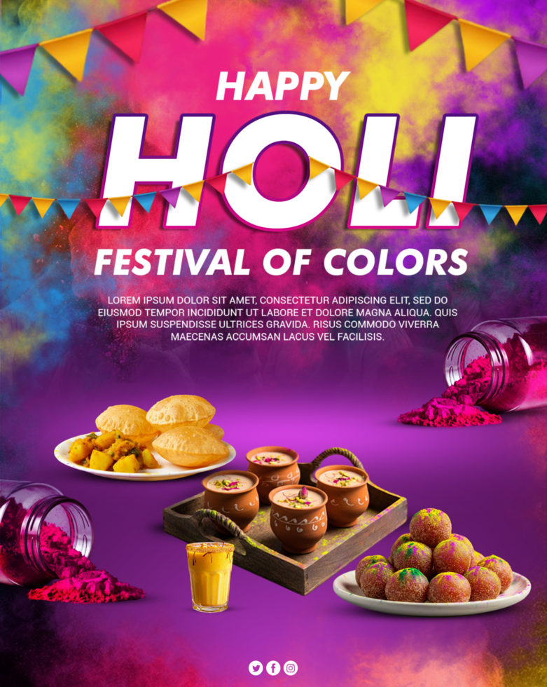 Holi greeting poster for Holi advertisement Joy Holi Celebration with Holi Food background Holi psd