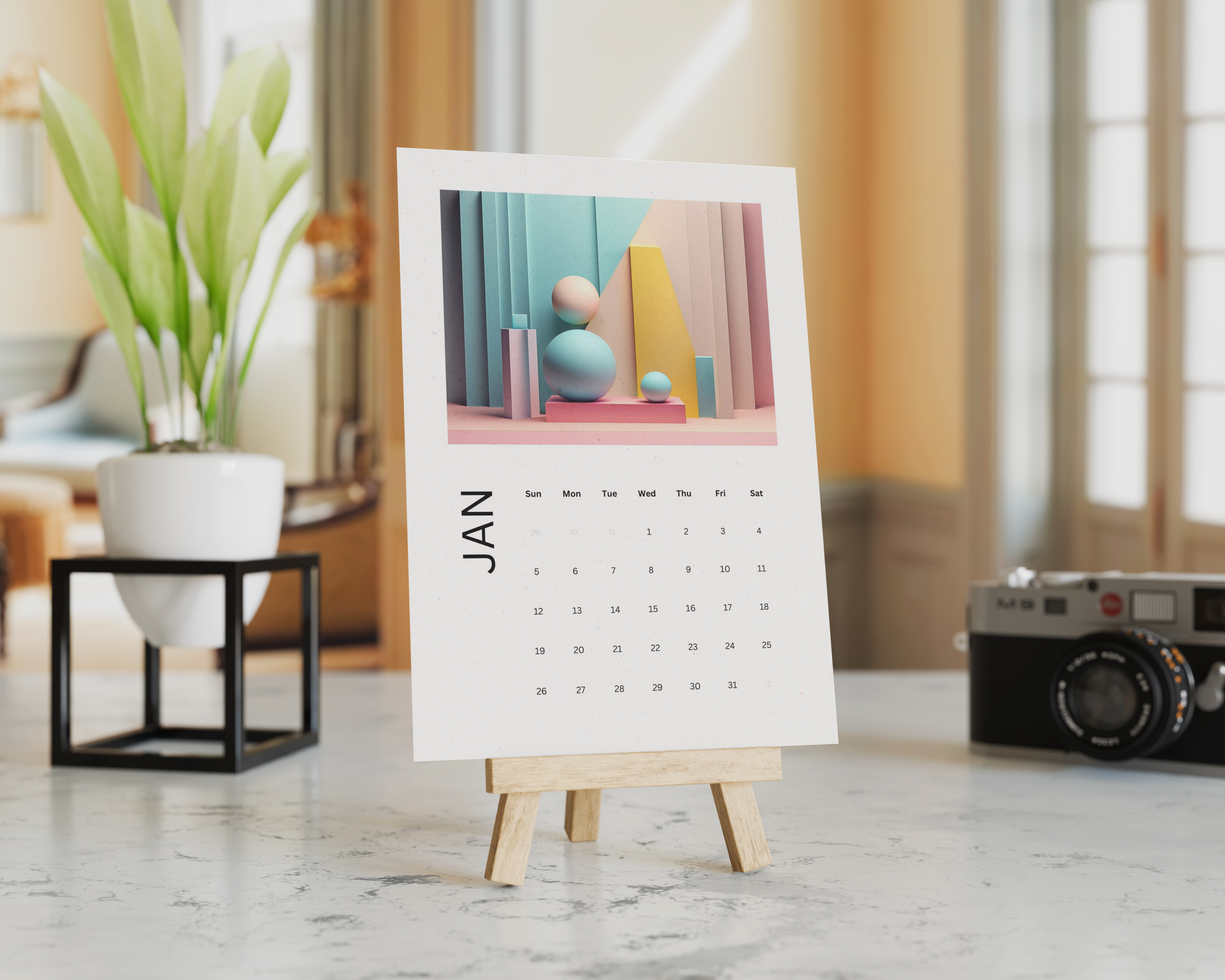 Desk calendar mockup using a mini easel in a classic minimalist interior psd