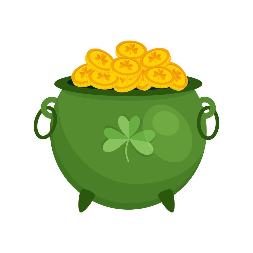 Green pot with gold coins. St. Patrick's Day symbol. Illustration on white background. vector