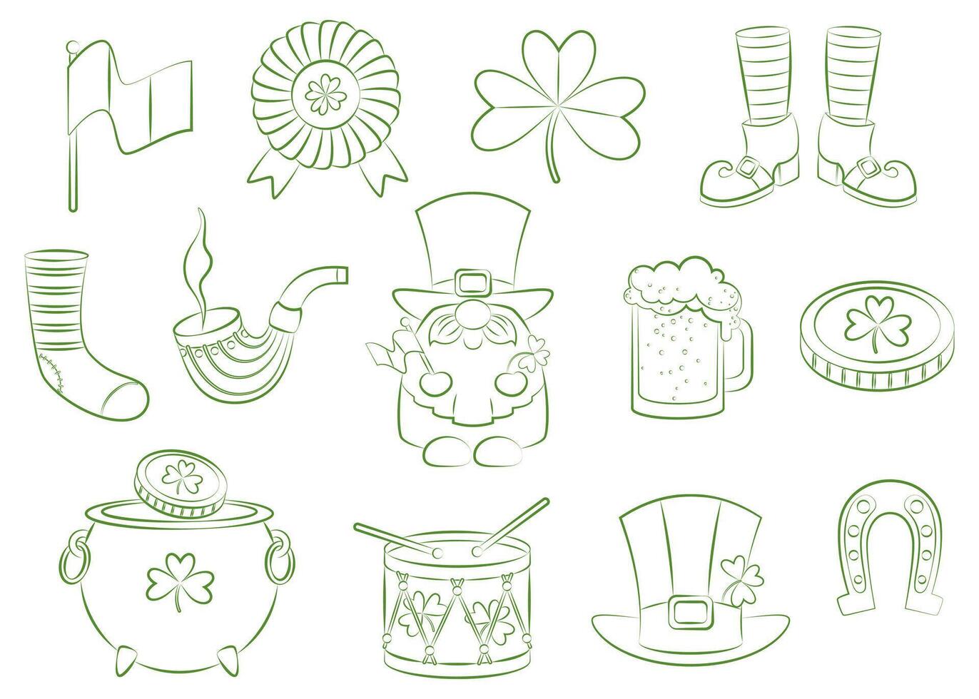 Set of hand drawn continuous lines of traditional st. patrick's day elements, leprechaun, coins, clover, horseshoe, hat, clogs. Illustration on white background. vector