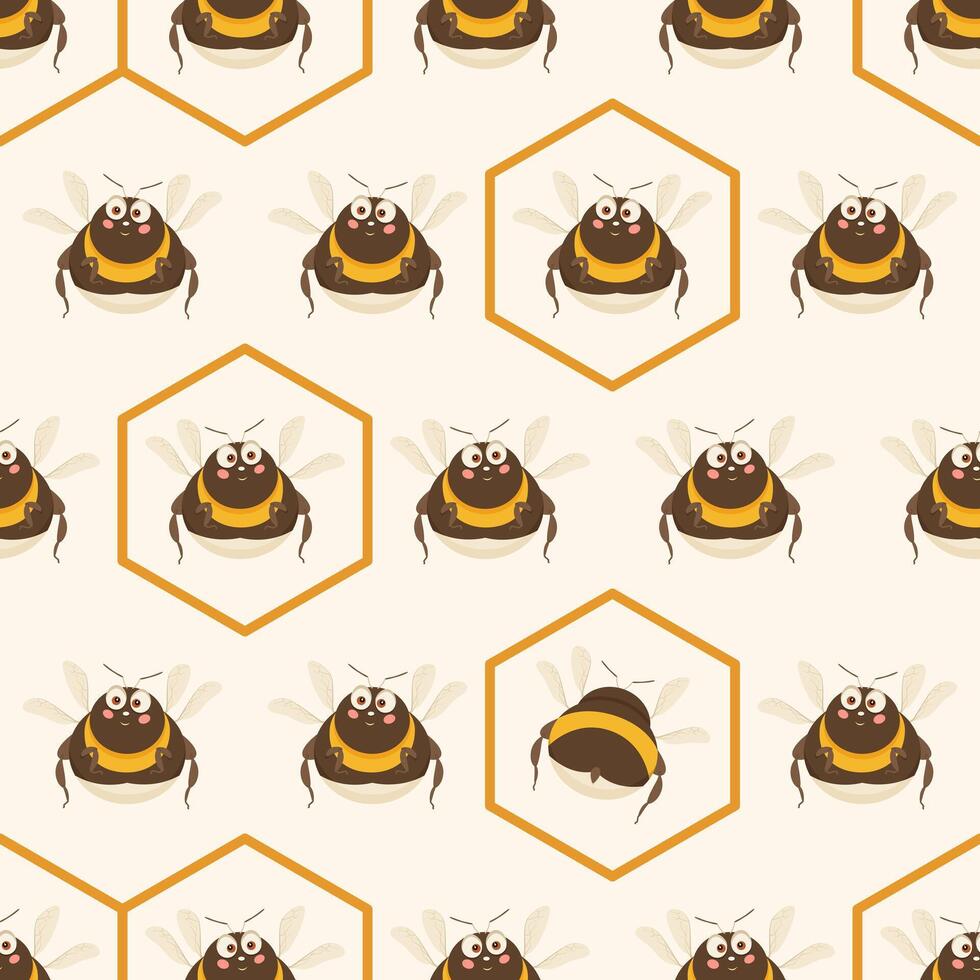 Cute seamless pattern with flying bumblebees and honeycomb. Illustration for kids room design, textile, scrapbooking, wrapping paper, poster, cover. vector