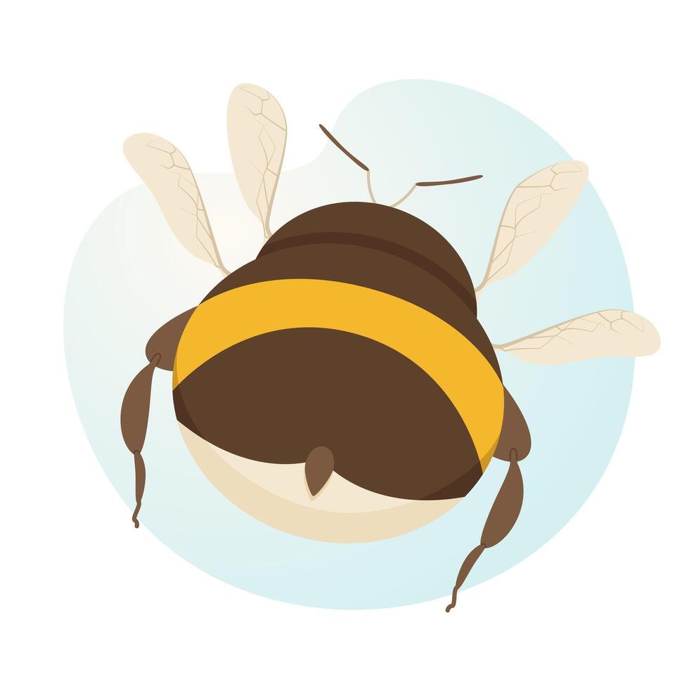 Big, cute, cartoon bumblebee flying away. Bumblebee back. Illustration for postcard, poster ...