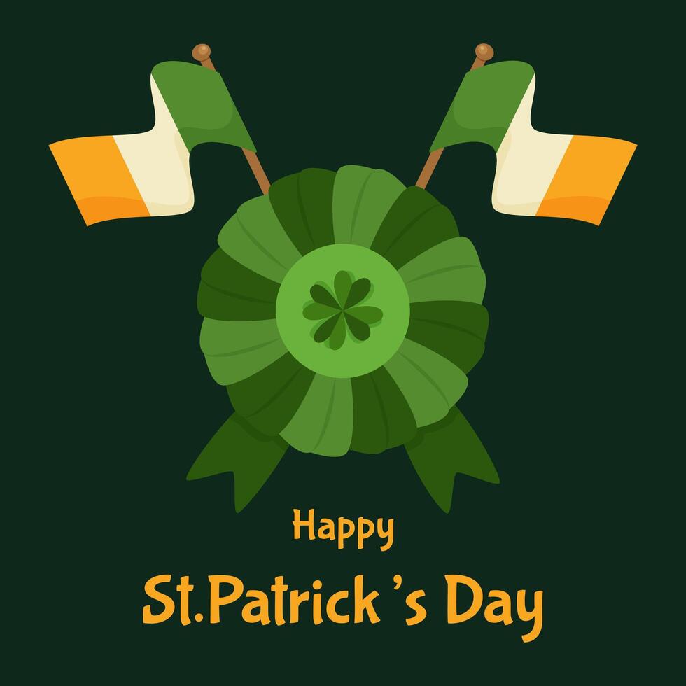 Greeting card for St. Patrick's Day. Award rosette with trefoil, Irish flag on green background. . vector