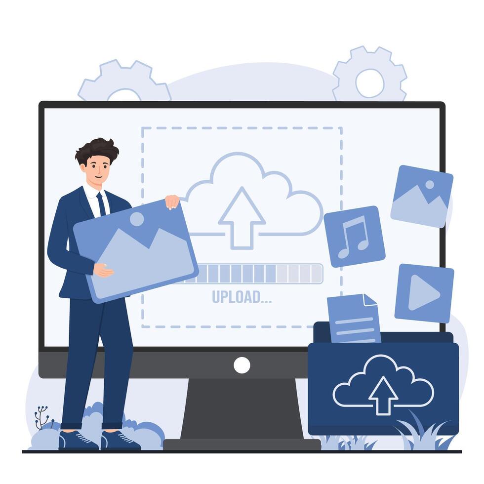 nube informática subir concepto ilustración en un plano estilo. empresario con un computadora. vector