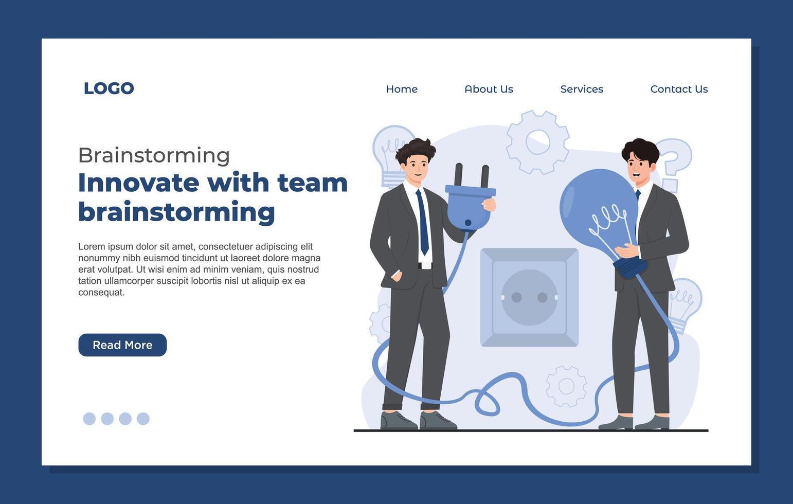 Landing page template illustrating team brainstorming concept idea generation, and creative inspiration business project teamwork vector