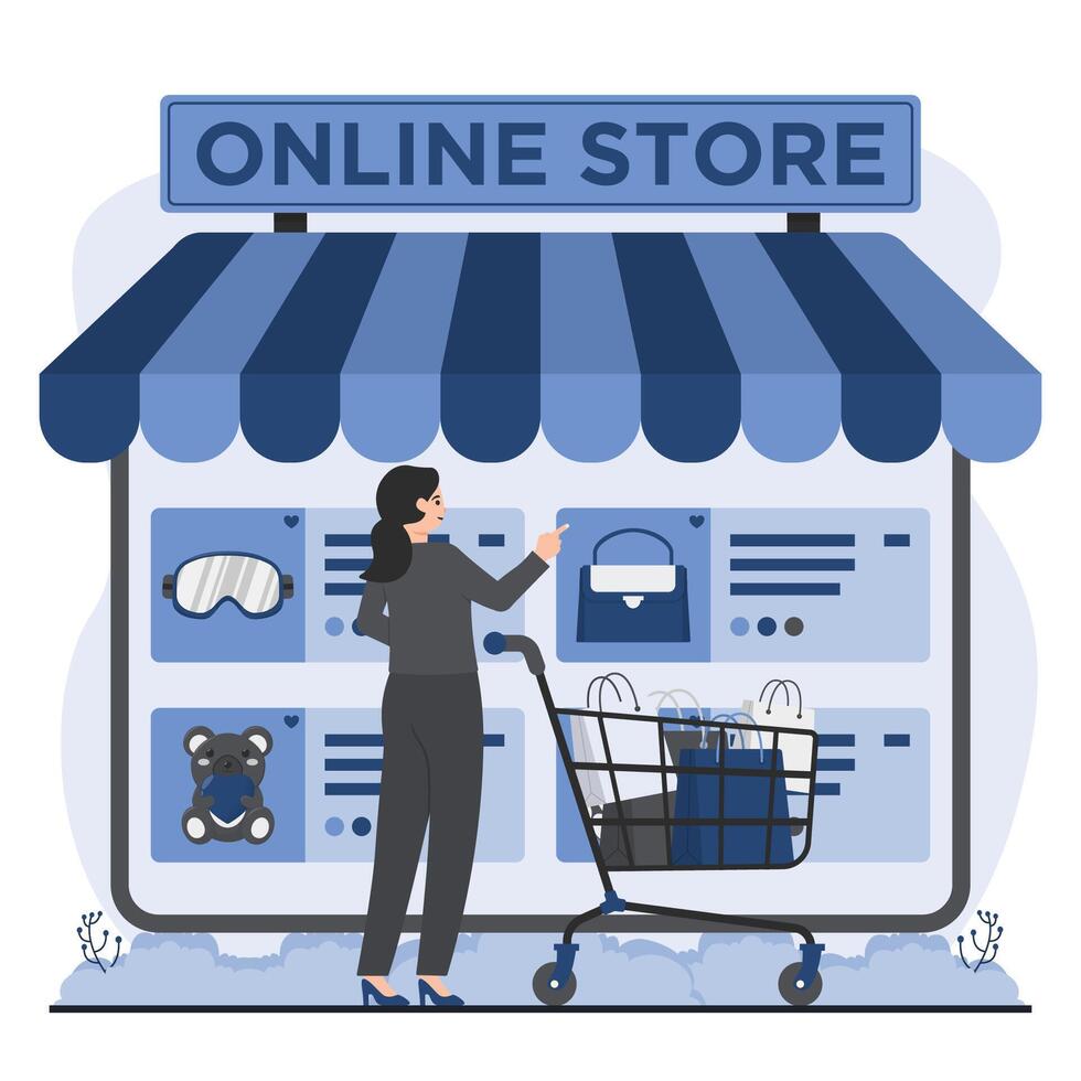 Online shopping ecommerce concept Online store concept. illustration in flat style. Woman with shopping cart. vector