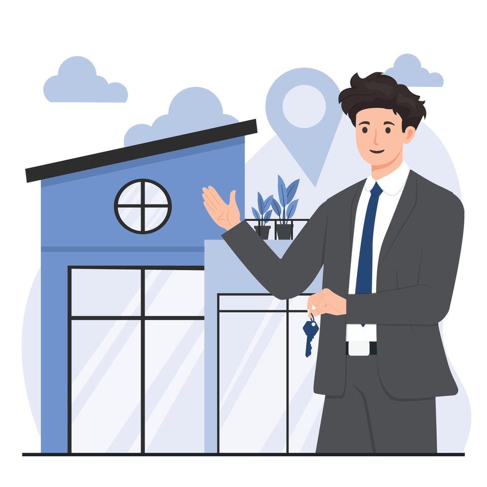 Real estate agent in front of a new house. illustration. house for rent property booking and homes for sale vector