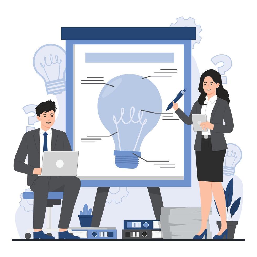 team brainstorming concept idea Businessman and businesswoman working with laptop and light bulb. illustration vector