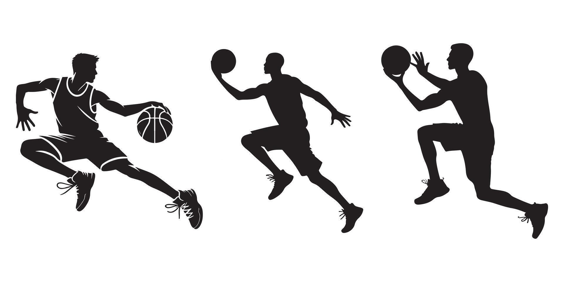 Set of silhouettes of basketball players with different poses, isolated on white background vector