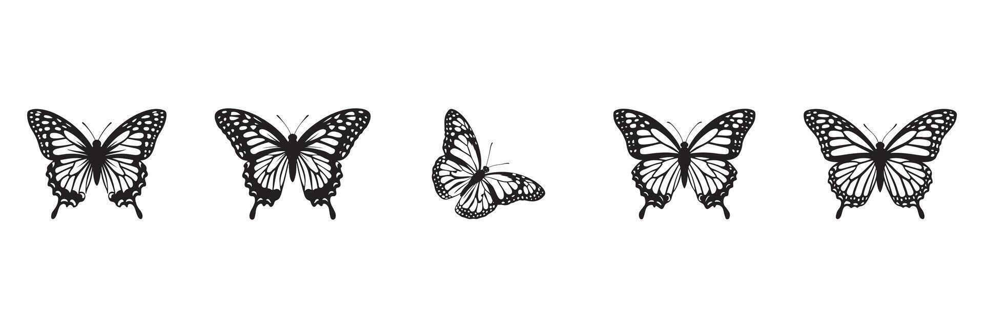 Set of butterfly silhouette illustrations on a white background. vector