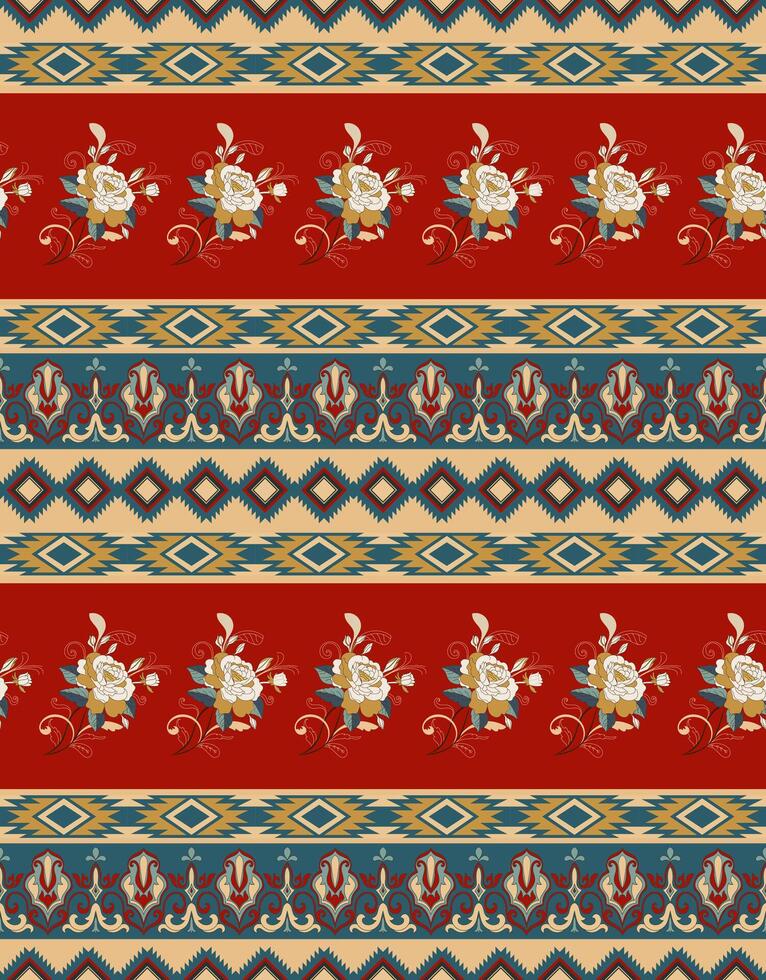 Intricate red seamless design featuring floral and ethnic elements. vector