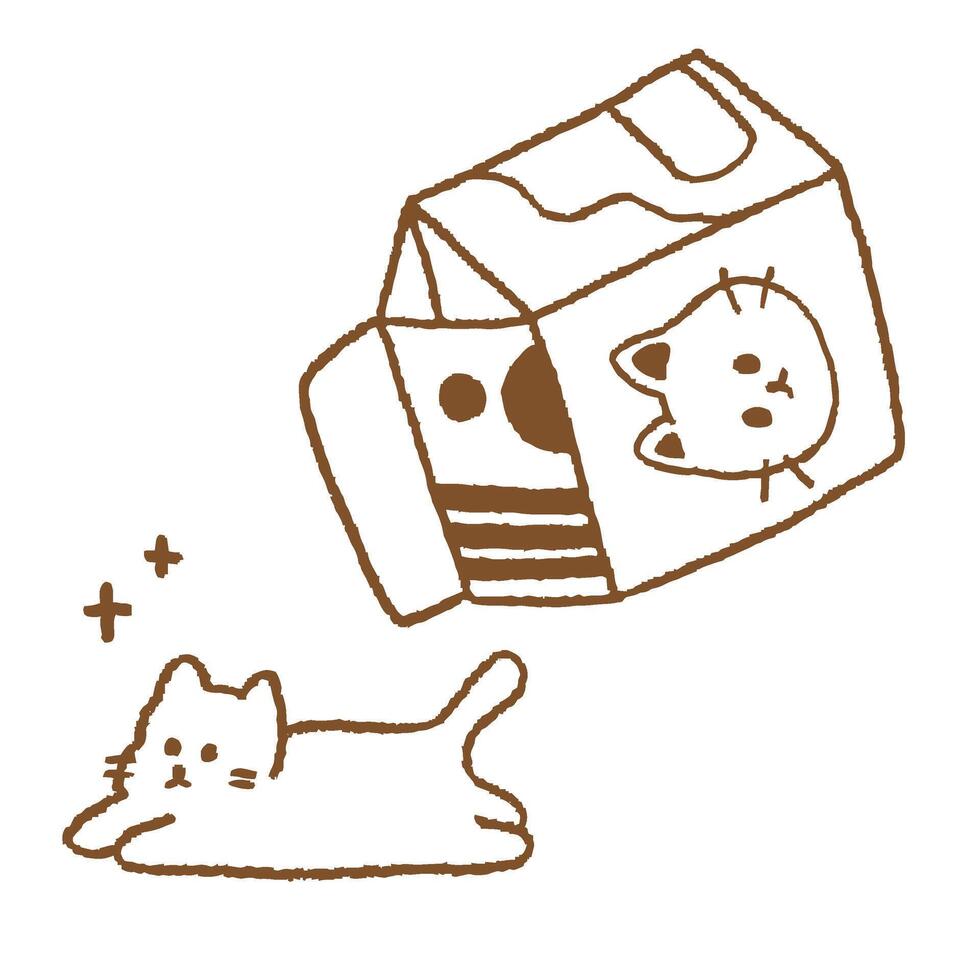 Cat Milk Carton Pouring Milk Japanese Style Line Illustration vector