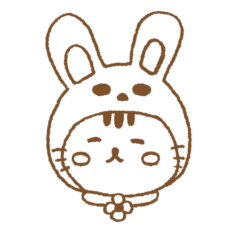 Cat with Bunny Hat and Collar Japanese Style Line Illustration vector