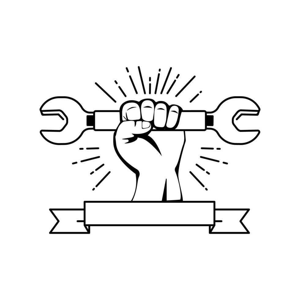 Hand holding a wrench on Labor Day. vector