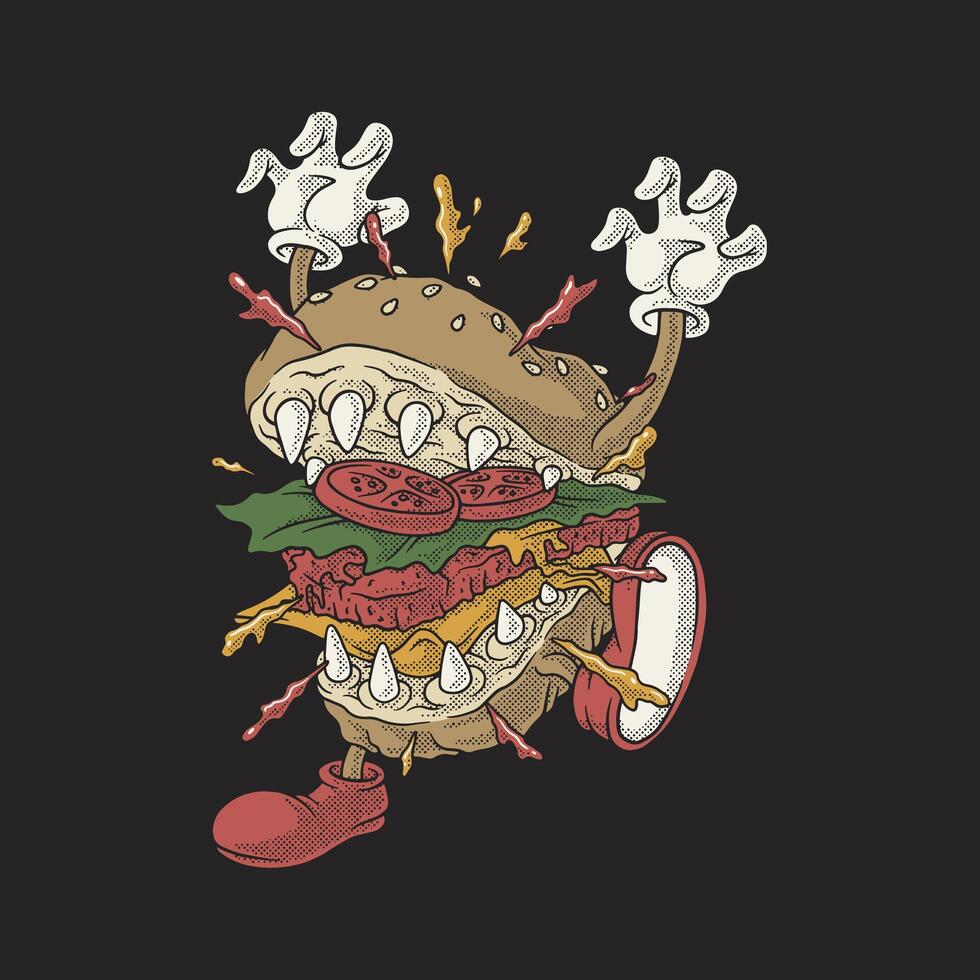 burger monster retro cartoon mascot vector
