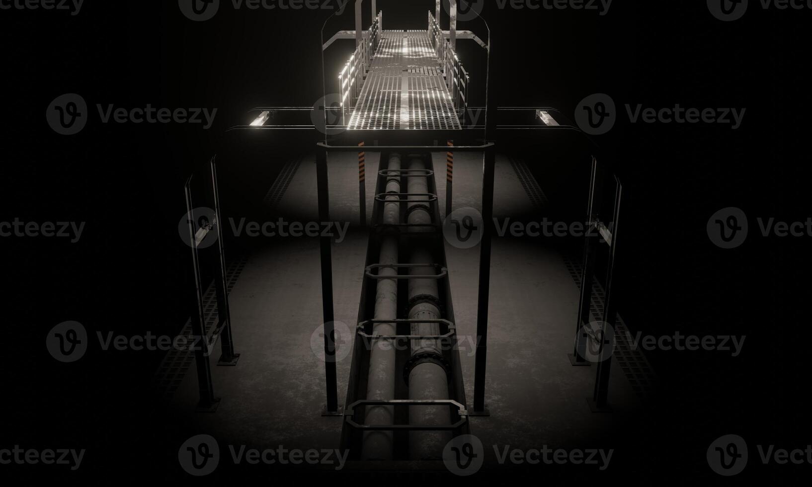 View of metal bridge corridor with pipe line in dark scene 3d render sci fi wallpaper background photo