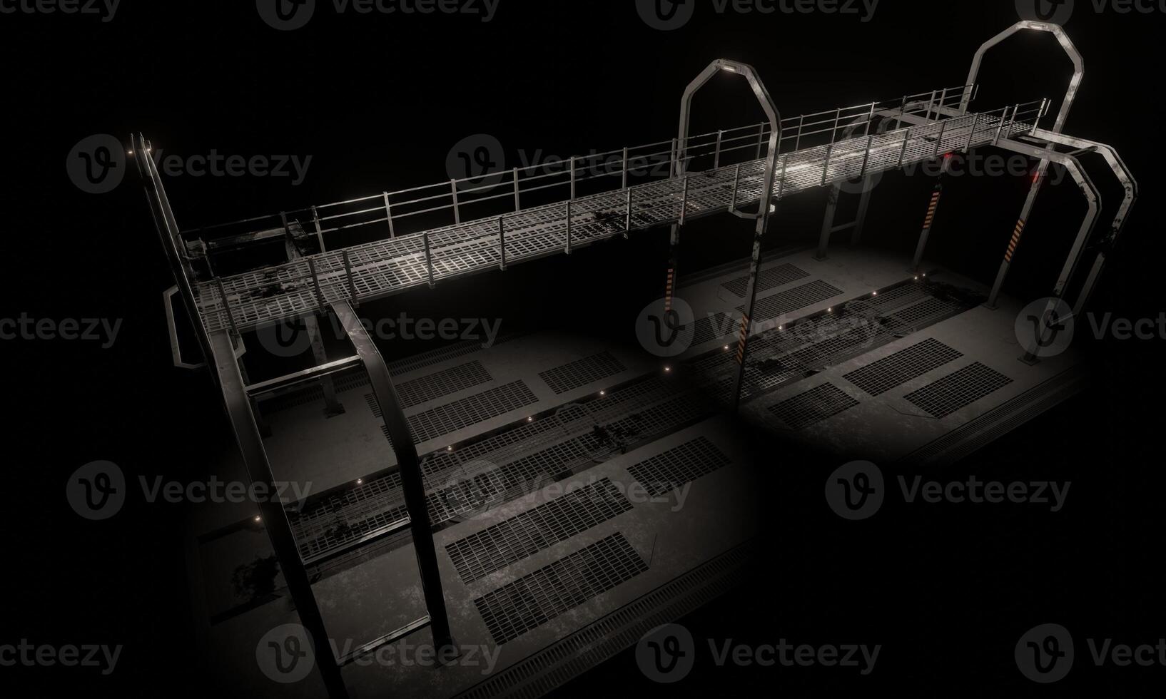 View of steel bridge and walkway in military base in dark scene photo