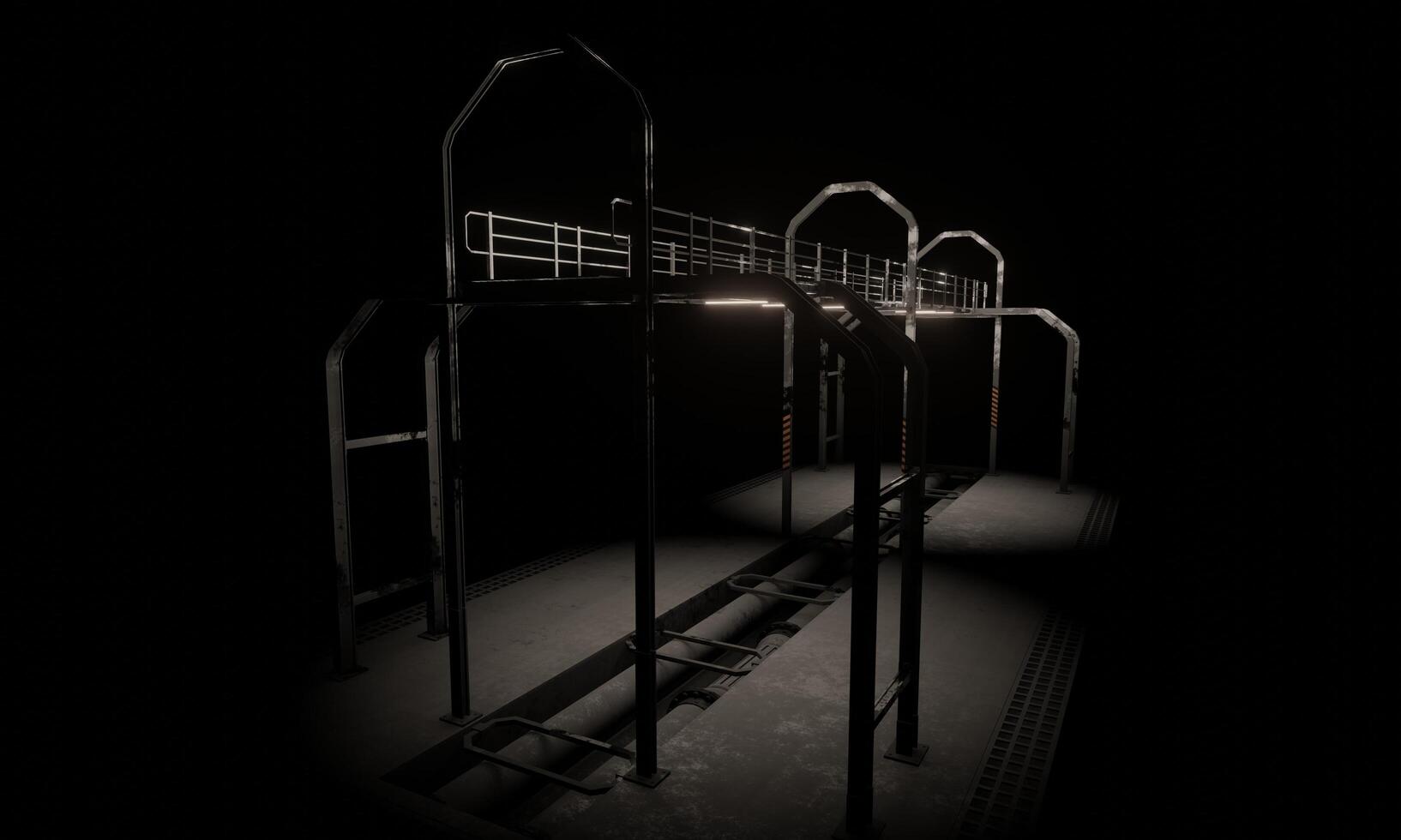 Corridor grating with pipe lines under floor in dark scene 3d render wallpaper background photo