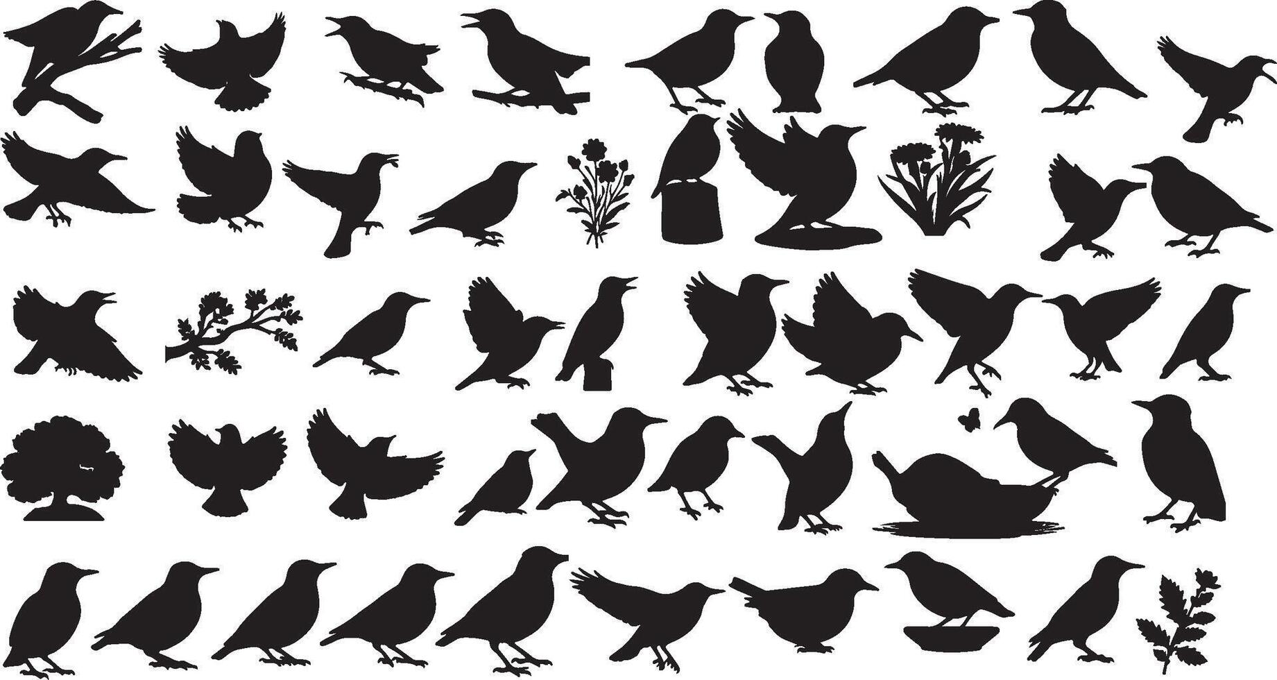 A collection of silhouettes of birds and flowers vector