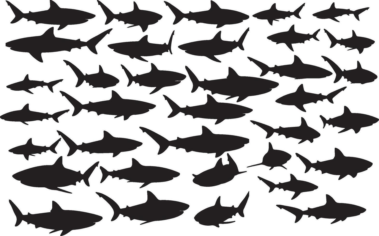 A large group of sharks in black silhouettes vector