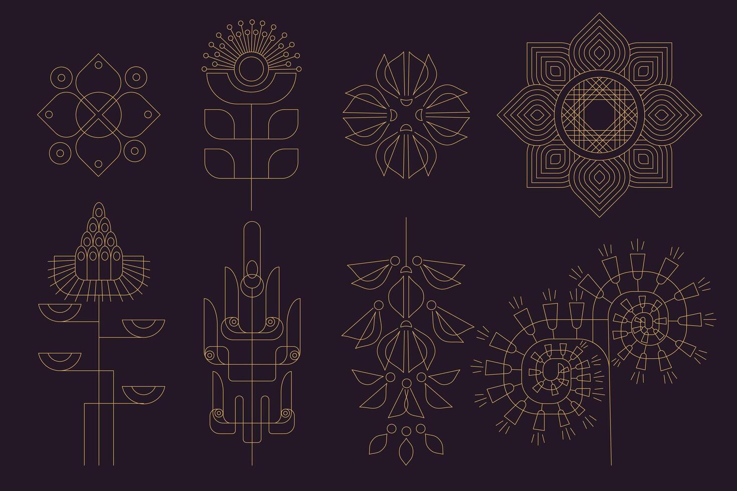 Elegant geometric floral set in gold outline on a dark background featuring nectar rich flowers for bees perfect for branding packaging and decor minimalist botanical collection vector