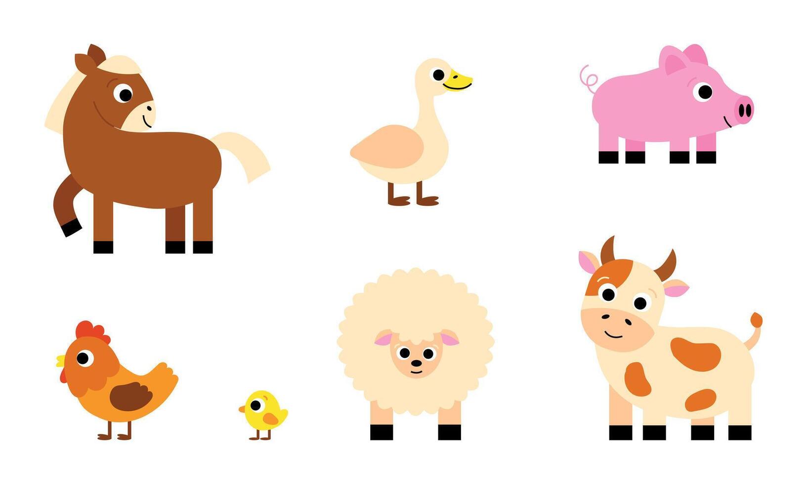 Set of cow, pig, chicken, sheep, goose, horse domestic animals. Funny childish agriculture, farming. Countryside farm barnyard vector
