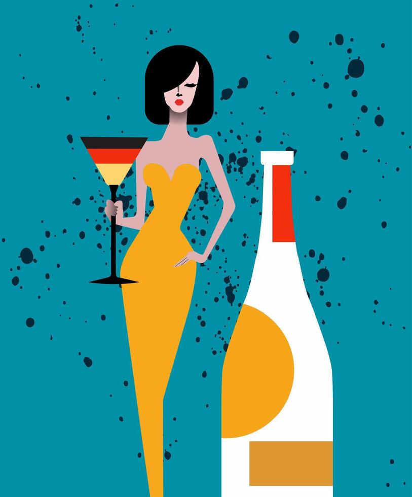 Modern style illustration featuring an elegant woman in a yellow dress holding a cocktail, ideal for posters, party invitations, branding, etc. vector
