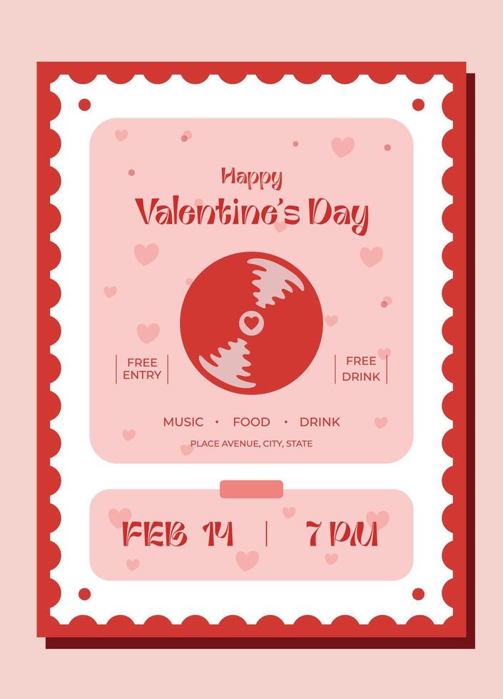 Flyer for music party for Valentine's Day.Party invitation template.Music poster design on pink background.Ideal design for social media,club.Greeting card in the form of postage stamp. vector