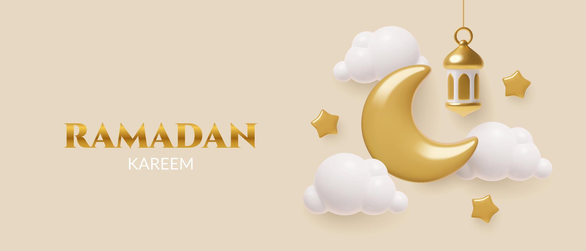 Ramadan Kareem poster in a 3d style with golden crescent hanging lantern stars and clouds vector