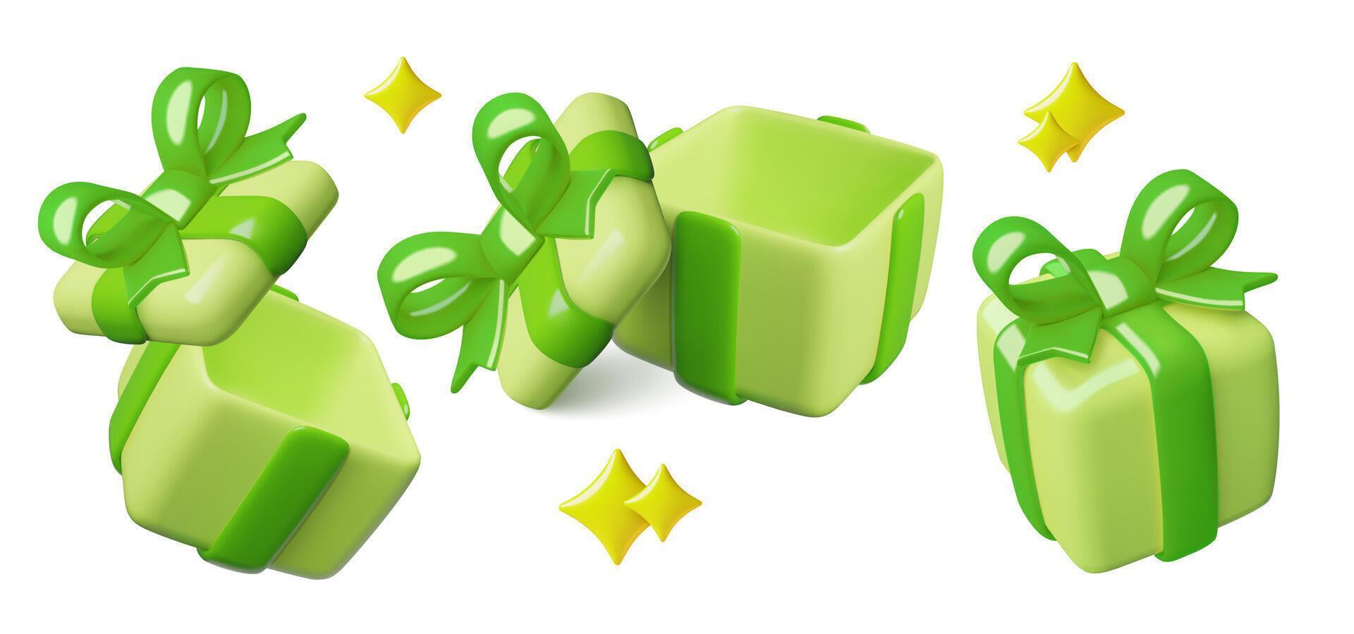 Green 3d gift boxes icons set with opened and closed presents realistic illustrations vector