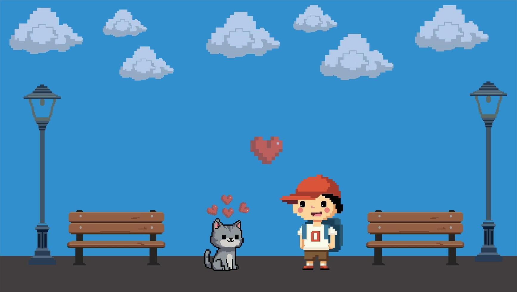 a simple pixel art of a cute cat and cute boy at the park with blue background vector