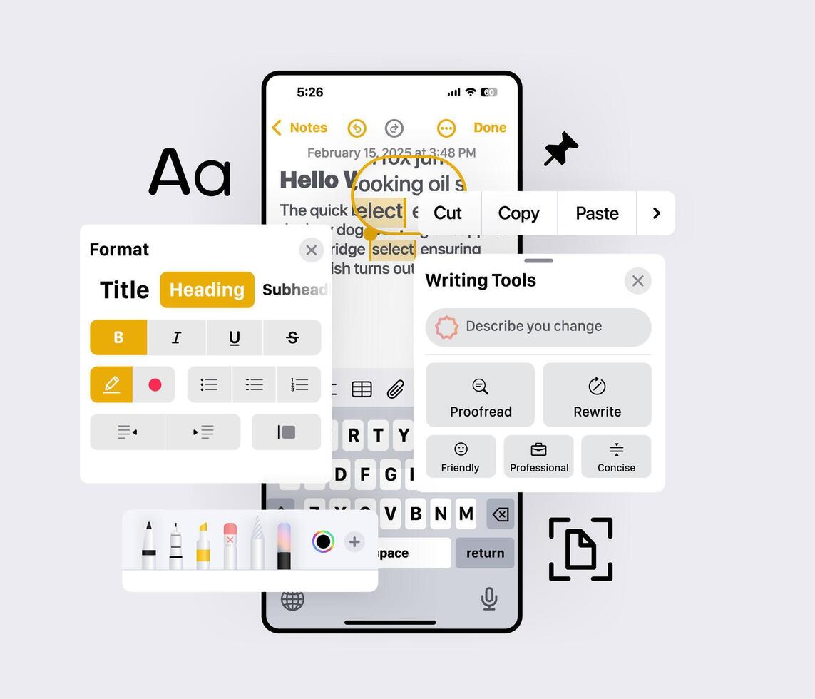 Writing Tools with Artificial Intelligence on Phone. Mobile Text Editing Interface with Formatting Options. Text Editor UI on Smartphone with Formatting and AI Writing Tools vector