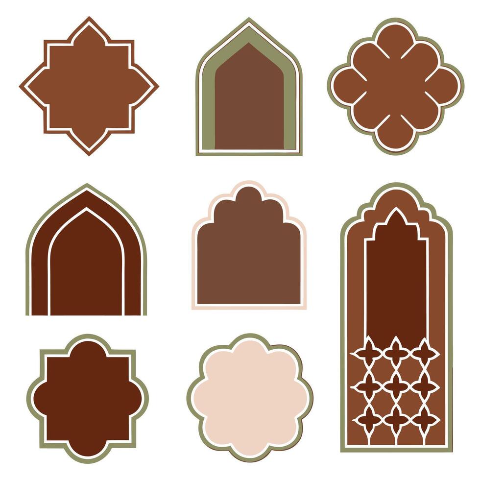 Arabic arch window and doors black set. Traditional design and culture. flat style cartoon illustration isolated on white background. vector