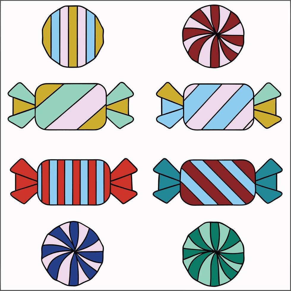 Candies, lollipop, sugar caramel in wrapper, gums and twisted marshmallow on stick. vector