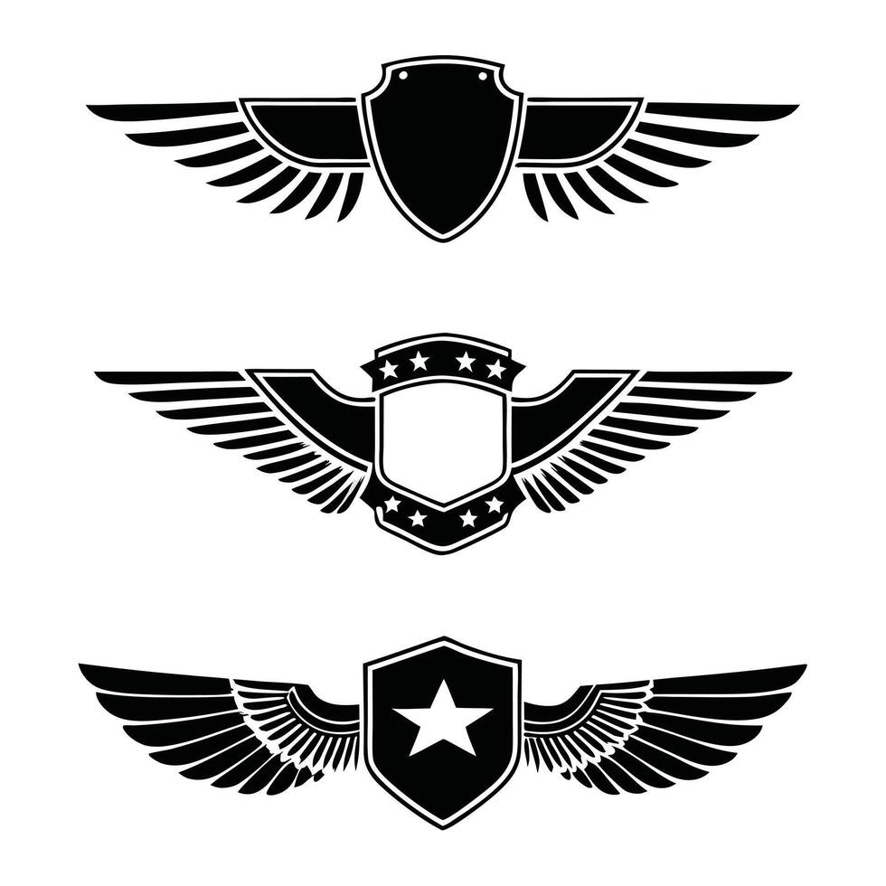 Flying emblem, black and white eagle bird wing and winged frame. Aviation pilot patch badge, army insignia emblem or biker logotype sticker vector