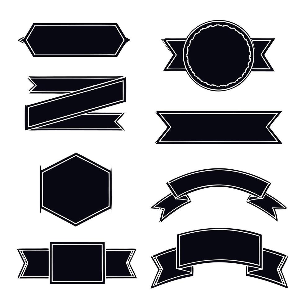 Ribbons black silhouette set. Glyph background banner. Simple ribbon blank template different shape. Decorative, tape for text, price tag, sale label. vector