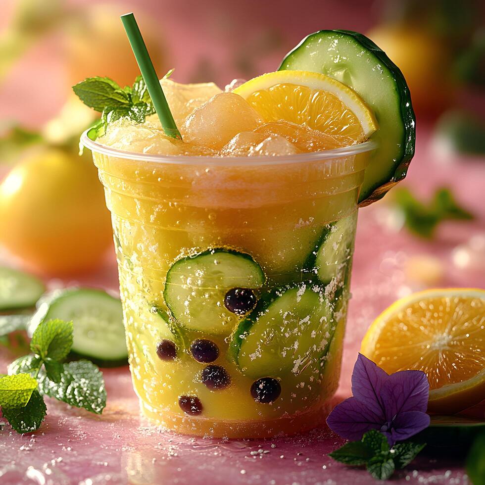 Refreshing summer beverage with tropical fruits and cucumber garnishes. photo